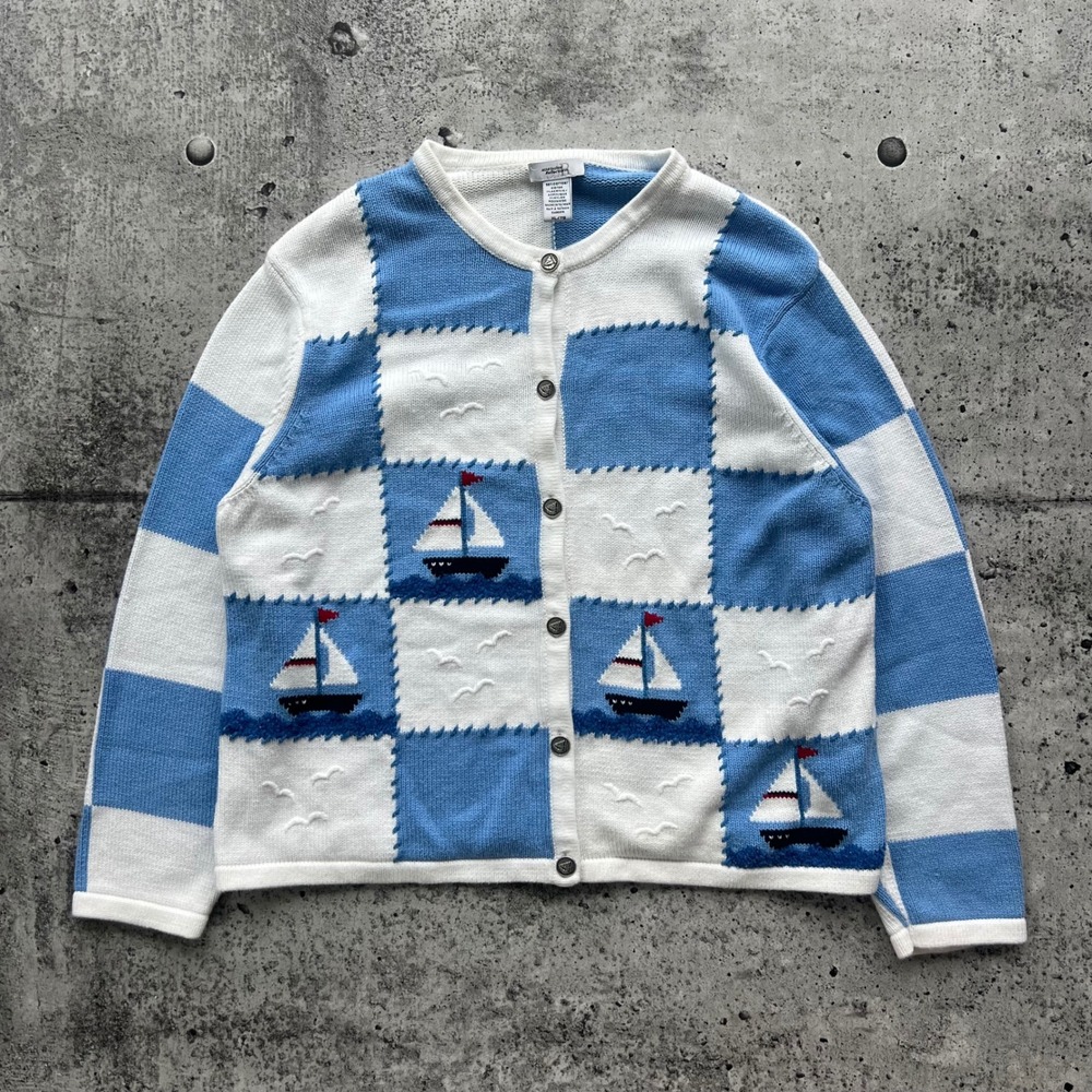 Vintage Northern Reflections Sweater Women XL Blue Nautical Sailboat Cardigan